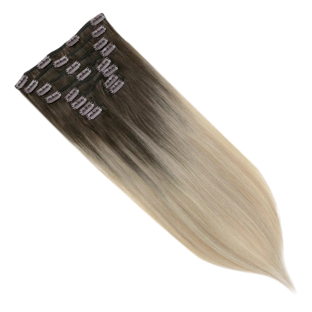 Clip In Remy Human Hair Extensions Straight Balayage Color