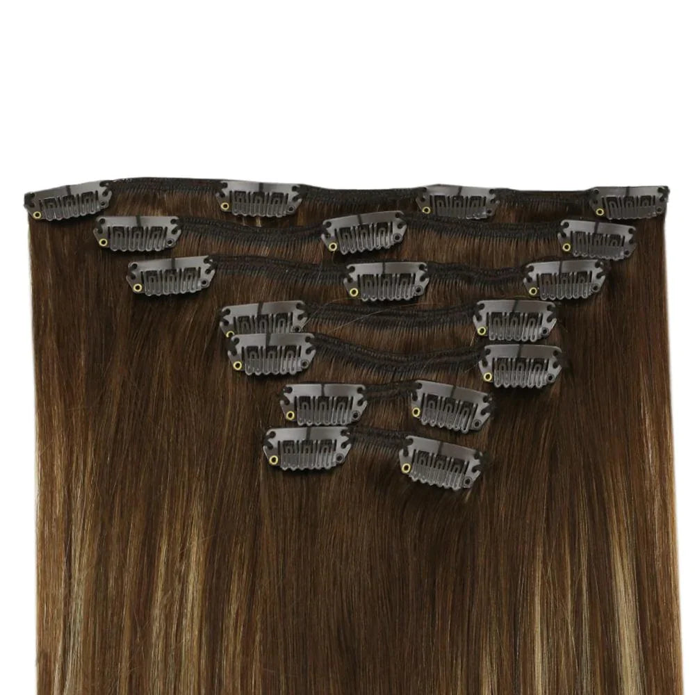 Clip In Remy Human Hair Extensions Straight Balayage Color