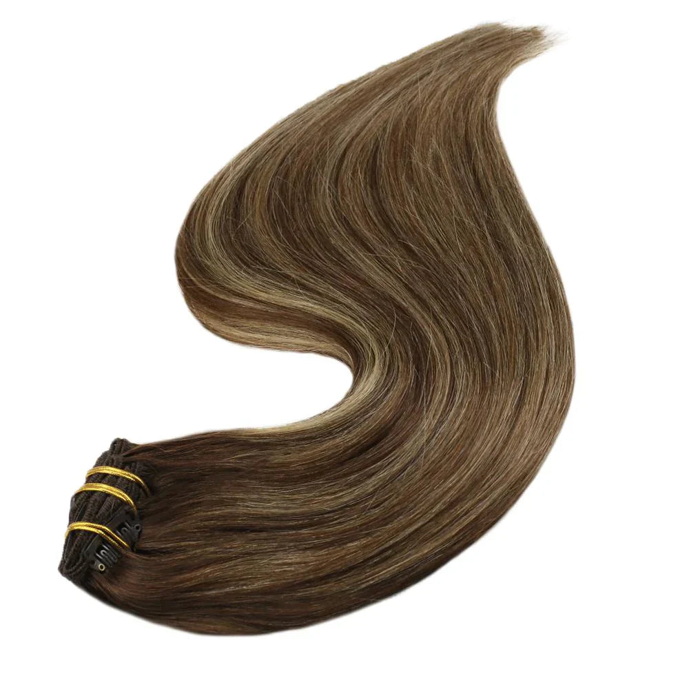 Clip In Remy Human Hair Extensions Straight Balayage Color