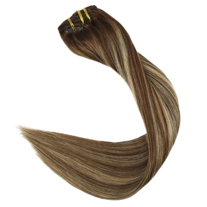 Clip In Remy Human Hair Extensions Straight Balayage Color