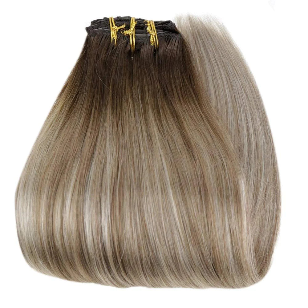 Clip In Remy Human Hair Extensions Straight Balayage Color