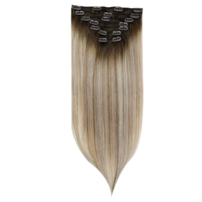 Clip In Remy Human Hair Extensions Straight Balayage Color