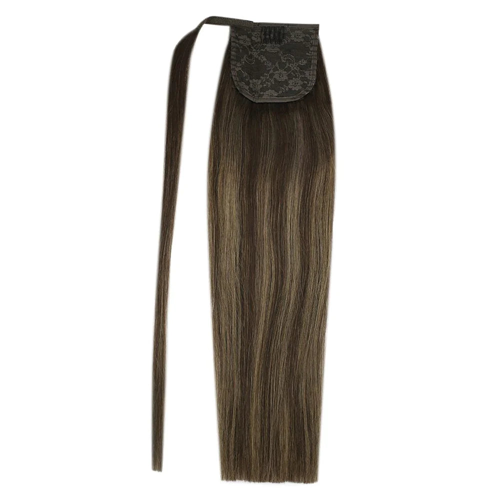 Ponytail Remy Human Hair Extensions Straight Balayage Color